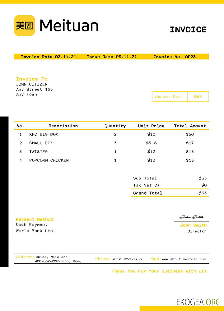 Modèle de facture Meituan aux États , Unis